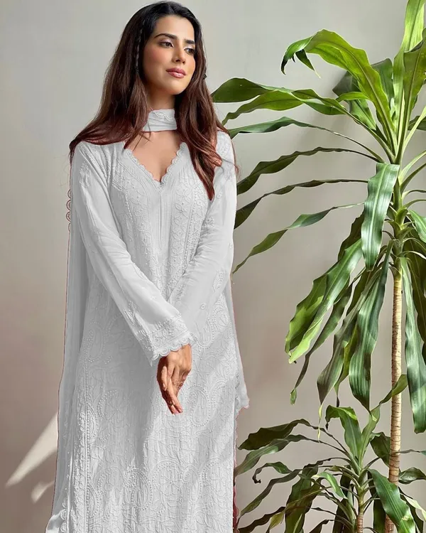White_Georgette_Chikankari_Embroidered_Kurta_Pant_Dupatta_Set_For_Women