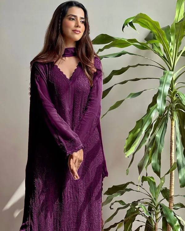Wine_Georgette_Chikankari_Embroidery_Kurta_With_Pant_And_Dupatta_For_Women