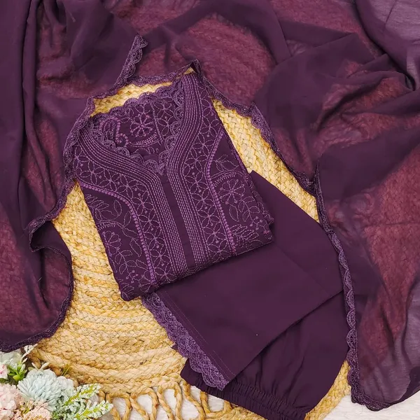 Wine_Georgette_Chikankari_Embroidery_Kurta_With_Pant_And_Dupatta_For_Women