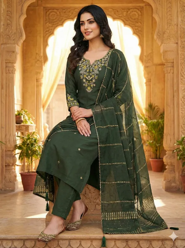 Green_Roman_Silk_Kurti_Pant_Set_For_Women