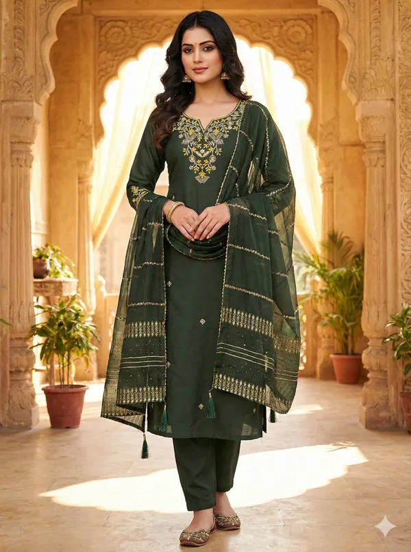 Mahendi_Green_Roman_Silk_Kurti_Pant_Set_With_Chanderi_Dupatta_For_Women