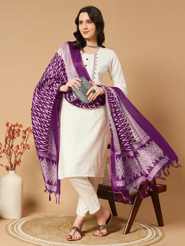Ivory_And_Purple_Khadi_Cotton_Embroidered_Kurta_With_Pant_And_Dupatta_For_Women