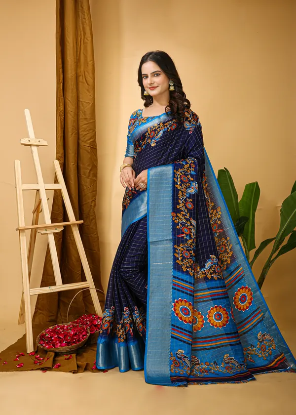 Navy_Blue_Silk_Blend_Saree_With_Unstitched_Blouse_Piece