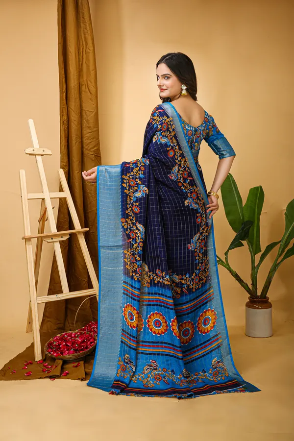 Navy_Blue_Silk_Blend_Saree_With_Unstitched_Blouse_Piece