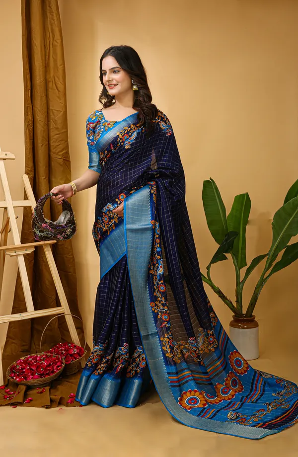Navy_Blue_Silk_Blend_Saree_With_Unstitched_Blouse_Piece