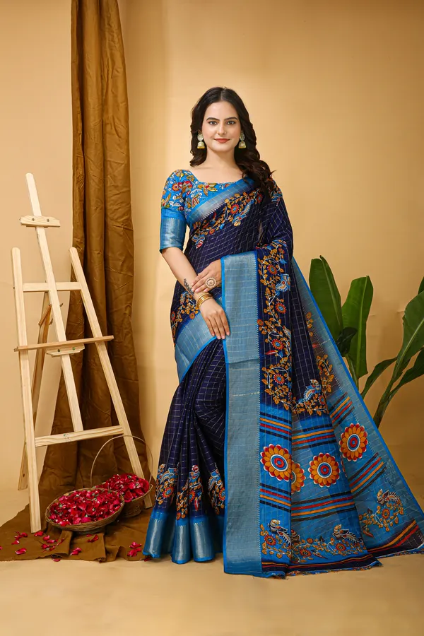 Navy_Blue_Silk_Blend_Saree_With_Unstitched_Blouse_Piece