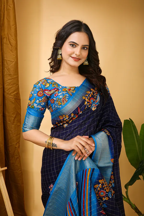 Navy_Blue_Silk_Blend_Saree_With_Unstitched_Blouse_Piece