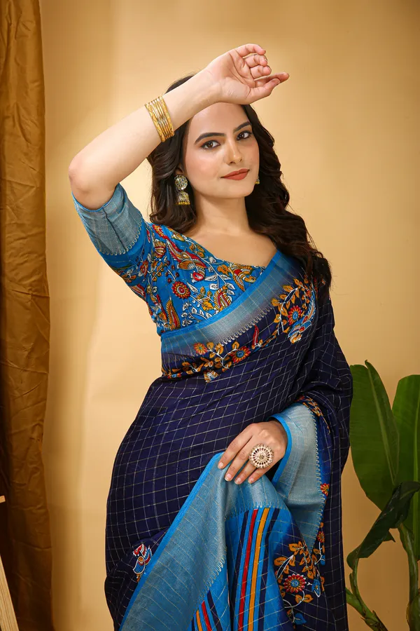 Navy_Blue_Silk_Blend_Saree_With_Unstitched_Blouse_Piece