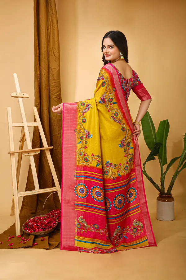 Yellow_&_Peach_Silk_Blend_Saree_With_Unstitched_Blouse_Piece
