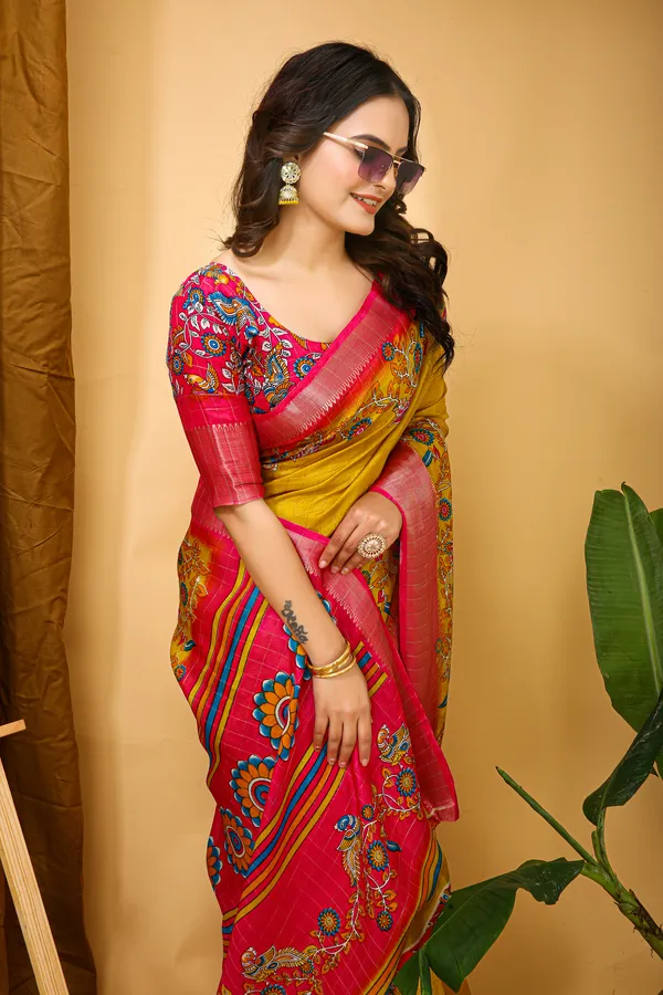 Yellow_&_Peach_Silk_Blend_Saree_With_Unstitched_Blouse_Piece
