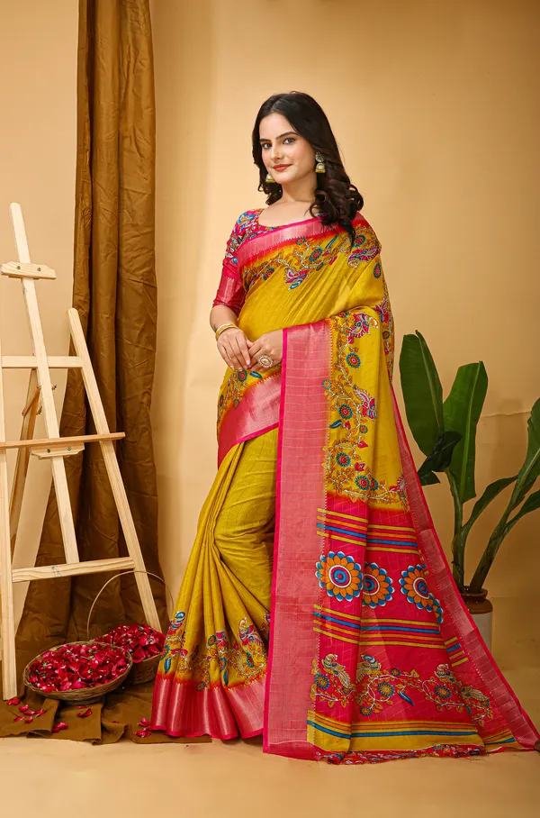 Yellow_&_Peach_Silk_Blend_Saree_With_Unstitched_Blouse_Piece