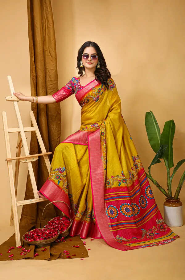 Yellow_&_Peach_Silk_Blend_Saree_With_Unstitched_Blouse_Piece