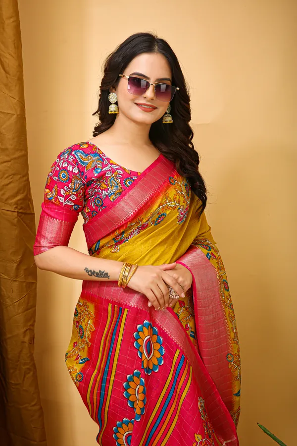 Yellow_&_Peach_Silk_Blend_Saree_With_Unstitched_Blouse_Piece