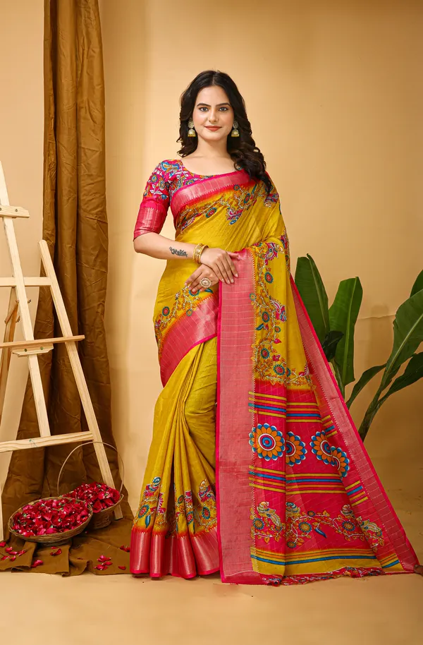 Yellow_&_Peach_Silk_Blend_Saree_With_Unstitched_Blouse_Piece