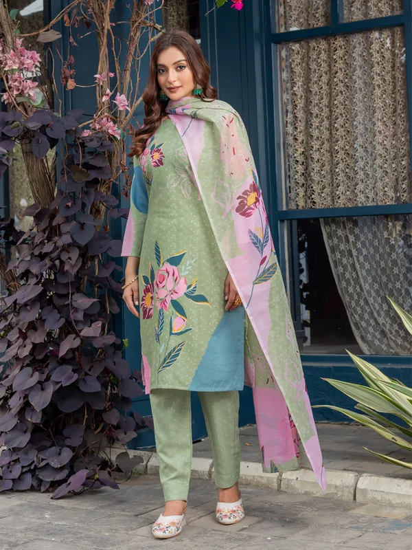 Mehendi_Green_Cotton_Blend_Printed_Kurti_Pant_Dupatta_Set