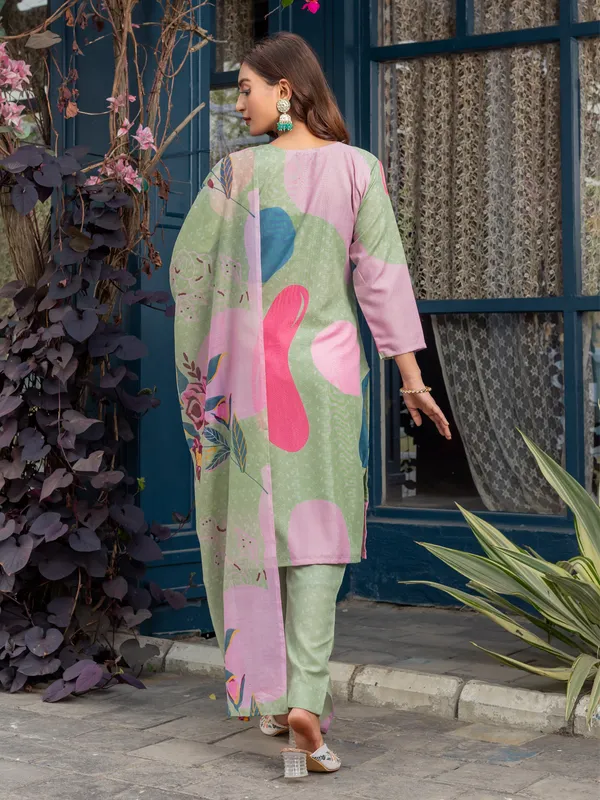 Mehendi_Green_Cotton_Blend_Printed_Kurti_Pant_Dupatta_Set