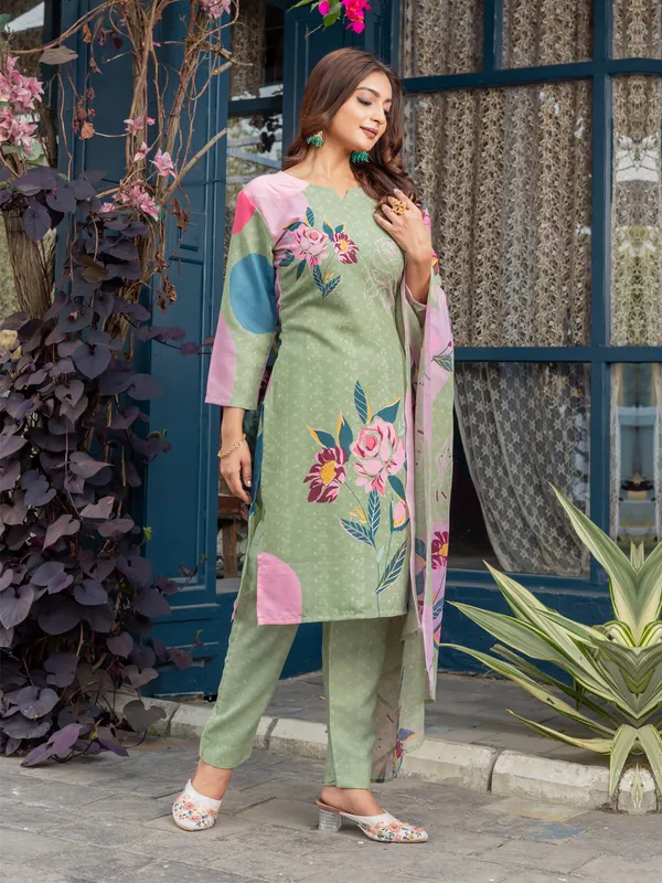 Mehendi_Green_Cotton_Blend_Printed_Kurti_Pant_Dupatta_Set