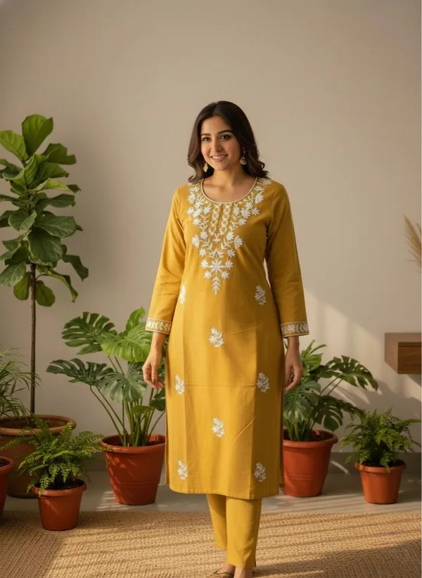 Yellow_Pure_Khadi_Cotton_Kurti_Pant_Set_For_Women