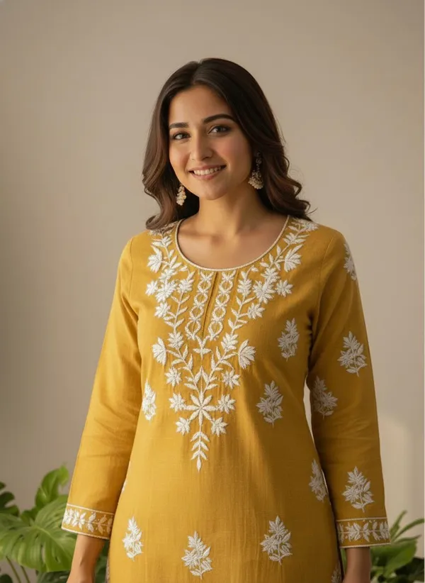 Yellow_Pure_Khadi_Cotton_Kurti_Pant_Set_For_Women