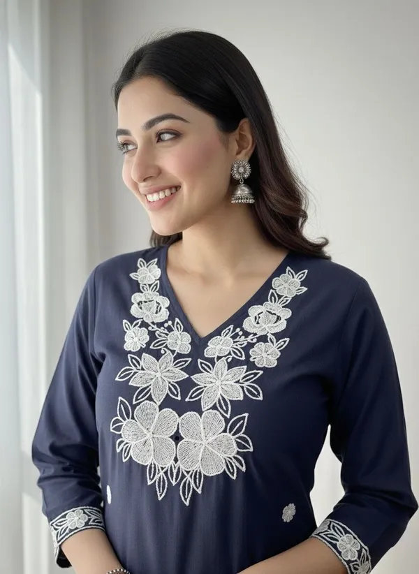 Navy_Blue_Pure_Khadi_Cotton_Kurti_Pant_Set_For_Women