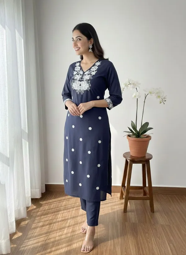 Navy_Blue_Pure_Khadi_Cotton_Kurti_Pant_Set_For_Women
