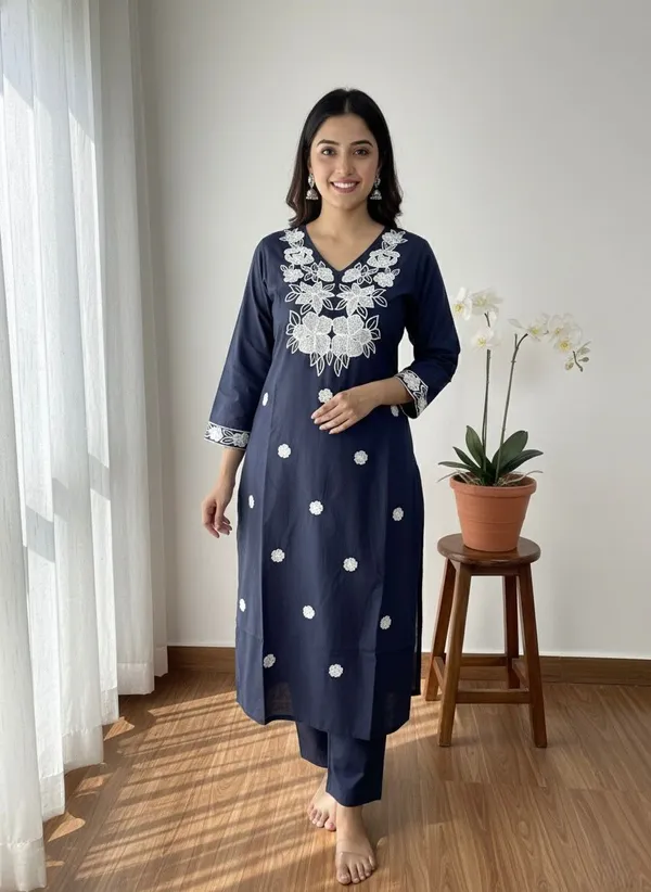 Navy_Blue_Pure_Khadi_Cotton_Kurti_Pant_Set_For_Women