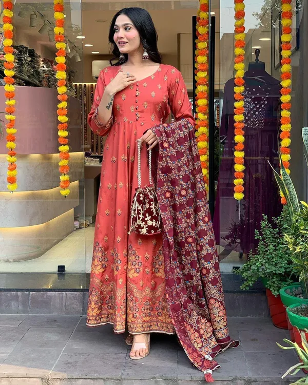 Burnt_Orange_Premium_Cotton_Blend_Kurta_With_Pant_&_Dupatta_For_Women