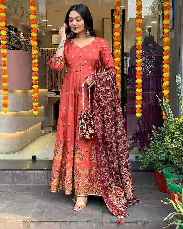 Burnt_Orange_Premium_Cotton_Blend_Kurta_With_Pant_&_Dupatta_For_Women