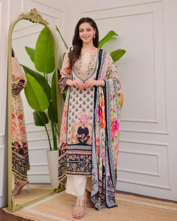 Cream_Premium_Viscose_Rayon_Kurta_Set_For_Women