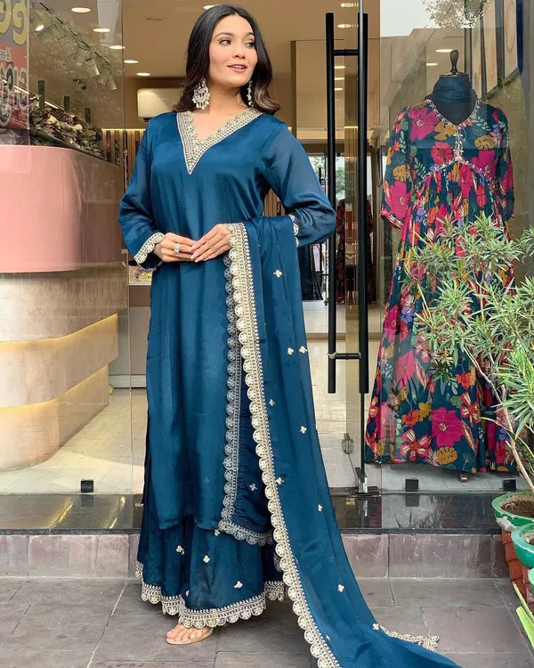 Blue_Silk_Blend_Embroidered_Kurta_With_Pant_&_Dupatta_Set_|_For_Women
