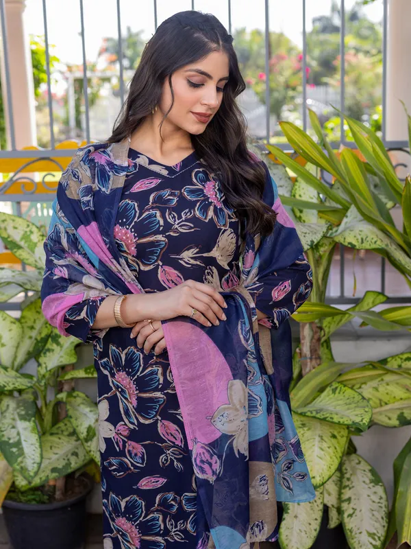 Navy_Blue_Premium_Cotton_Blend_Printed_Kurti_Pant_Dupatta_Set