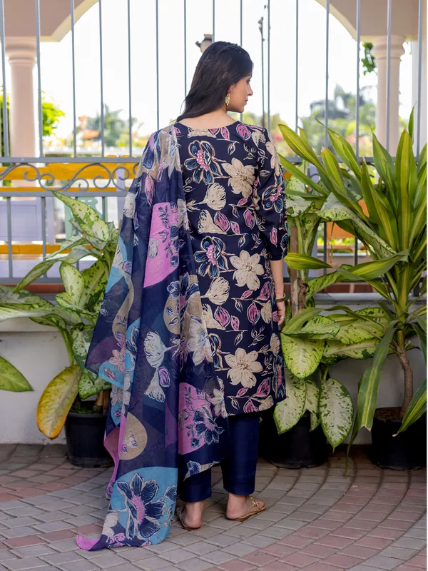 Navy_Blue_Premium_Cotton_Blend_Printed_Kurti_Pant_Dupatta_Set