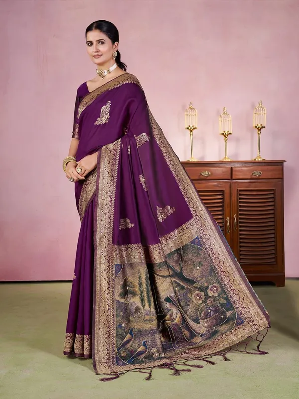 Royal_Violet_Silk_Blend_Saree_With_Unstitched_Blouse_Piece
