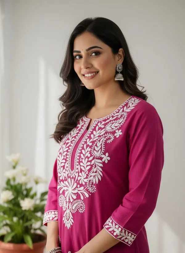 Pink_Premium_Cotton_Blend_Kurti_Pant_Set_For_Women