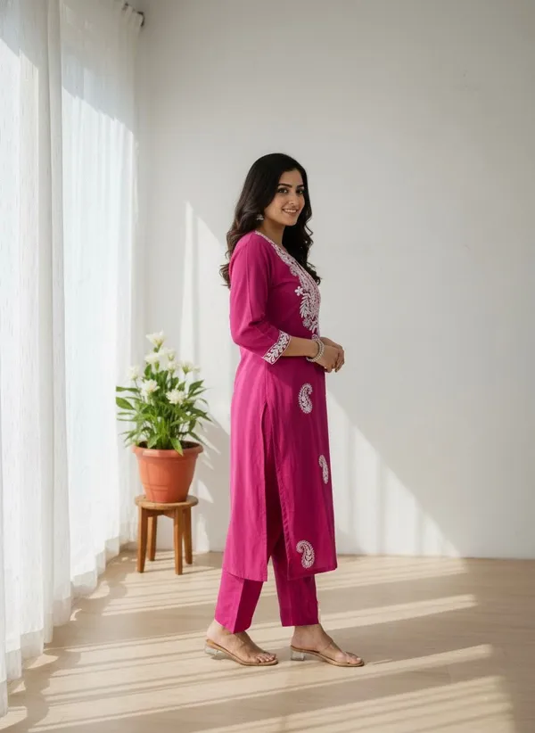 Pink_Premium_Cotton_Blend_Kurti_Pant_Set_For_Women
