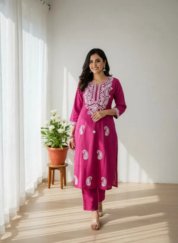 Pink_Premium_Cotton_Blend_Kurti_Pant_Set_For_Women