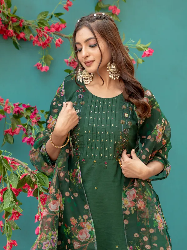 Royal_Dark_Green_Hand_Work_Silk_Kurti_Pant_Dupatta_Set