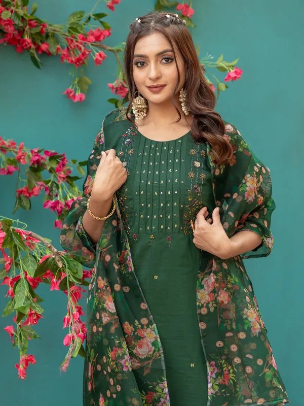 Royal_Dark_Green_Hand_Work_Silk_Kurti_Pant_Dupatta_Set