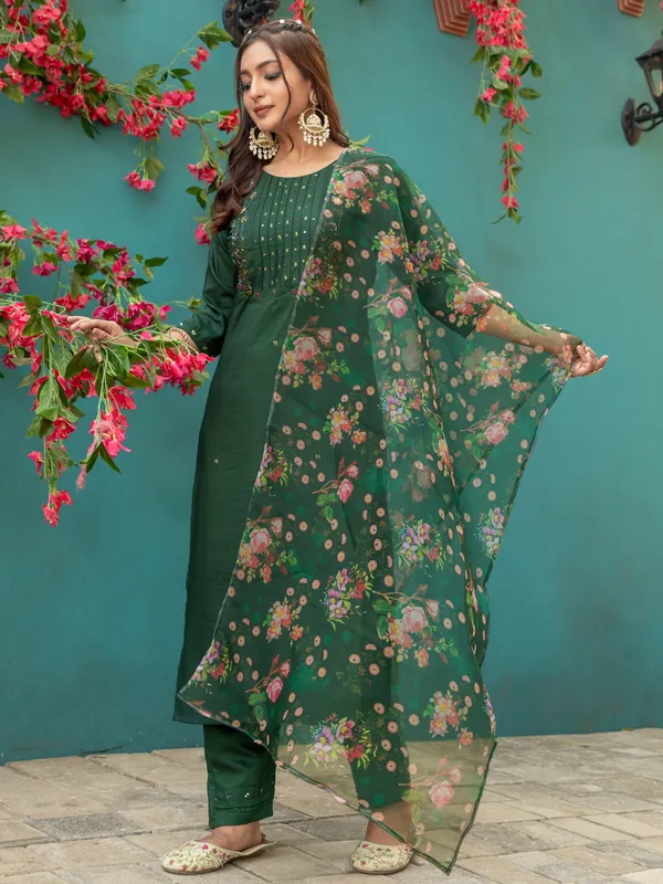 Royal_Dark_Green_Hand_Work_Silk_Kurti_Pant_Dupatta_Set