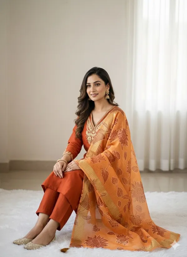 Rust_Cotton_Kurti_Pant_Set_For_Women