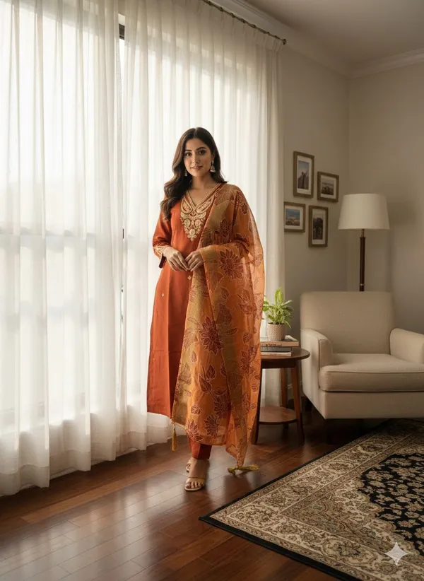 Rust_Cotton_Kurti_Pant_Set_For_Women