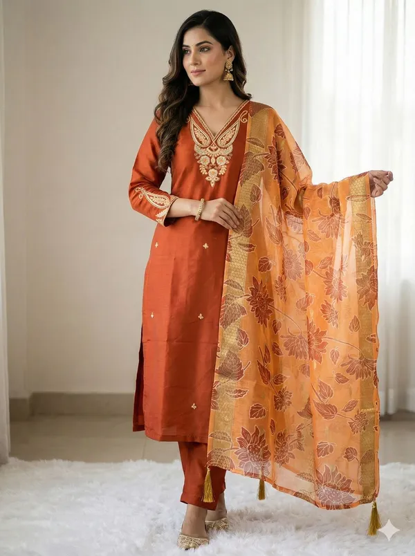 Rust_Cotton_Kurti_Pant_Set_For_Women