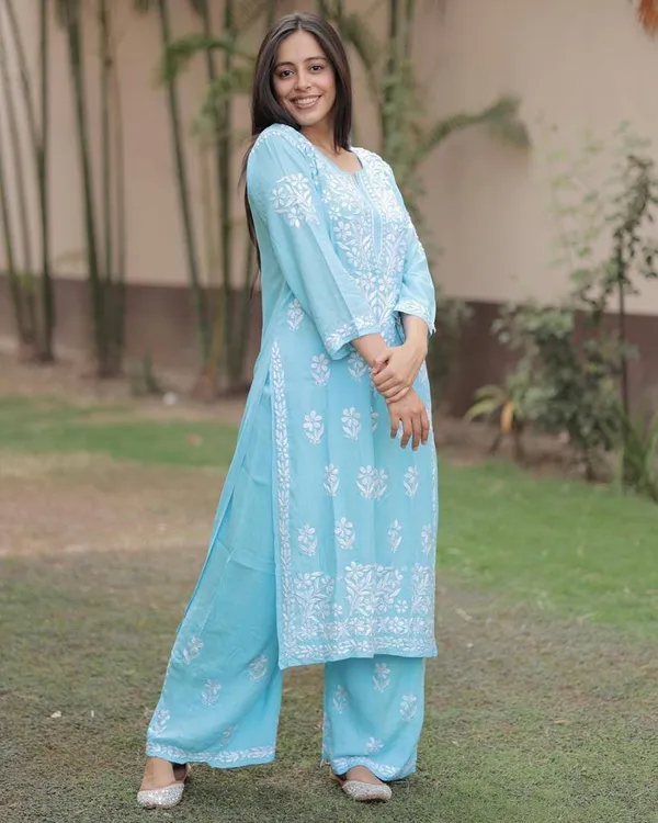 Sky_Blue_Soft_Rayon_Kurti_Set_For_Women