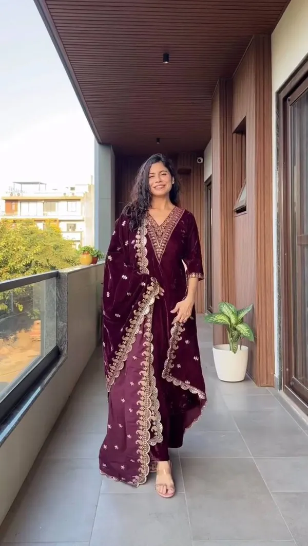 Wine Viscose Velvet Embroidered Kurta Set With Sharara & Dupatta