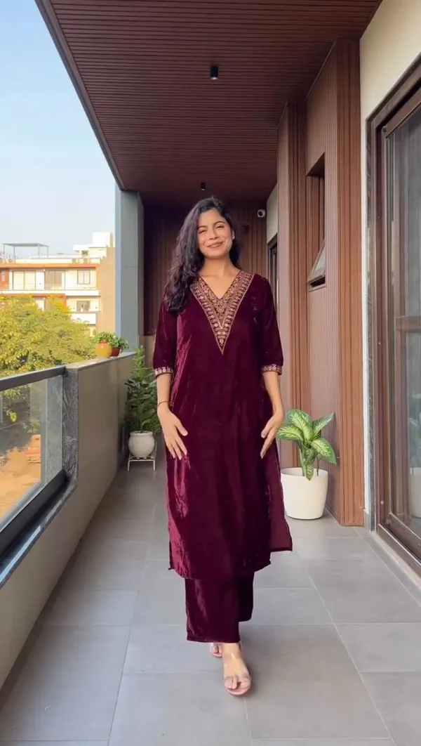 Wine_Velvet_Embroidered_Kurta_Set_For_Women