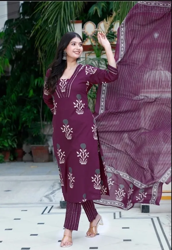 Purple_Cotton_Kurti_Pant_With_Dupatta_Set_For_Women
