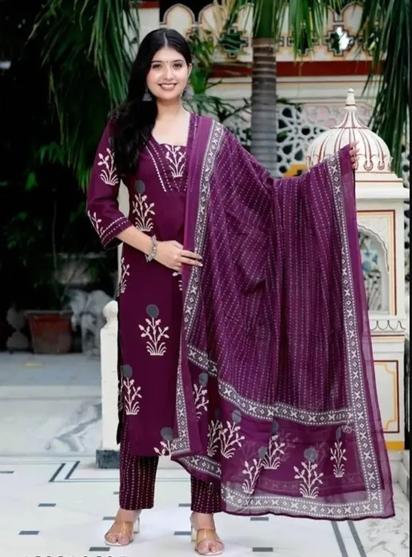 Purple_Cotton_Kurti_Pant_With_Dupatta_Set_For_Women