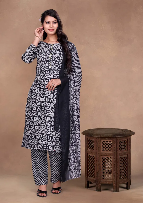 Black_Cotton_Kurti_Pant_With_Dupatta_Set_For_Women