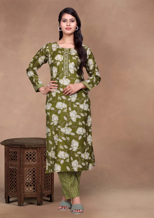 Green_Cotton_Kurti_Pant_Set_For_Women