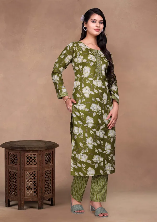 Green_Cotton_Kurti_Pant_Set_For_Women